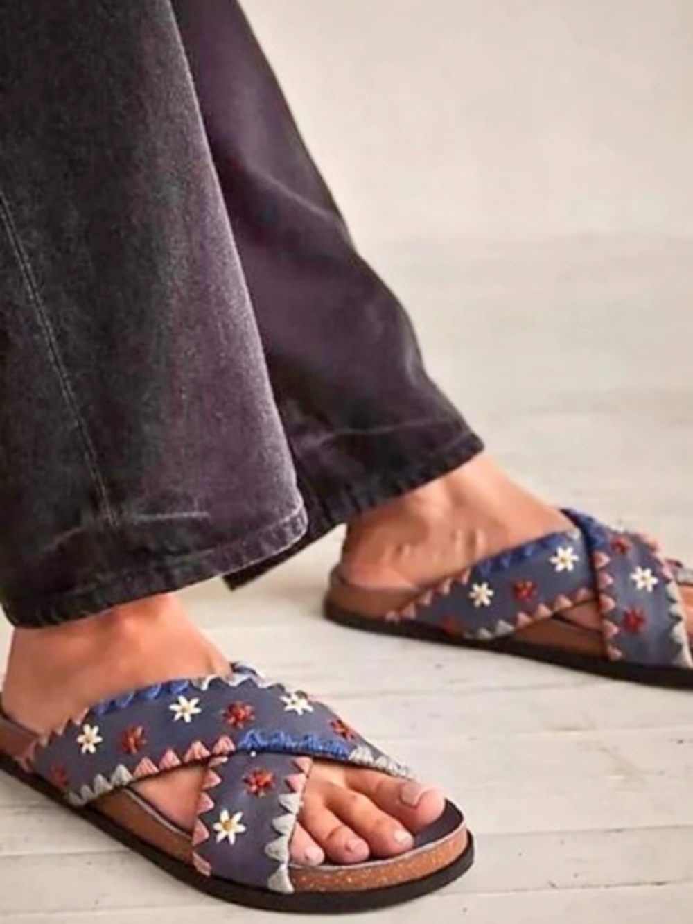 Free People Wildflower Crossband Slide Sandals Floral Blue & Pink EU 37